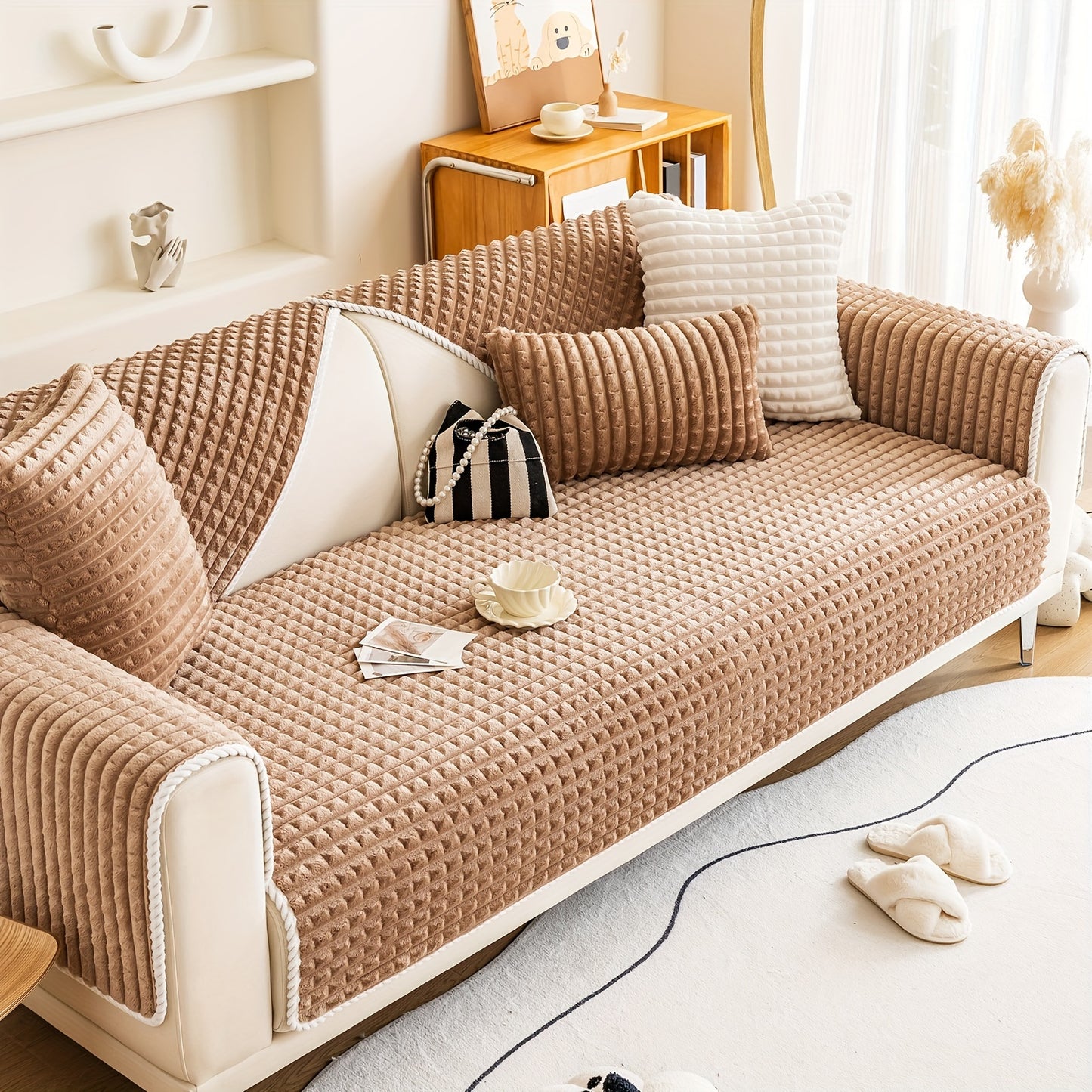 Thick, non-slip plush sofa cover suitable for all types of furniture, pet-friendly, easy to clean.