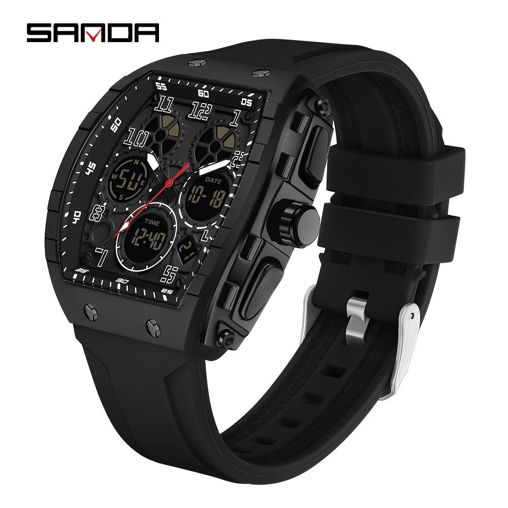 SANDA Fashionable Dial Men's Military Sports Wristwatch, equipped with a Silicone Strap, Multiple Functions, and Waterproof LED Clock.