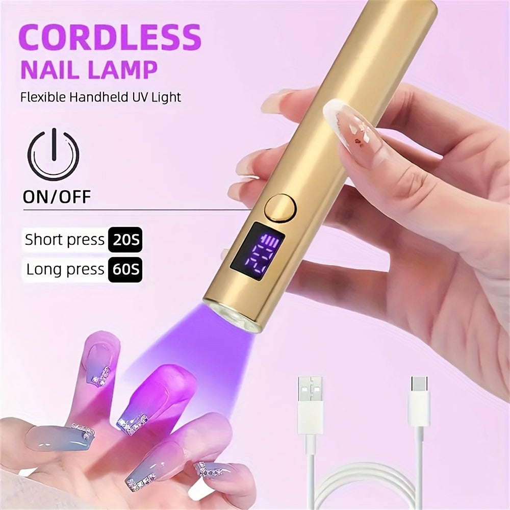 USB rechargeable handheld mini LED nail lamp with digital timer, ideal for DIY home and salon manicures.