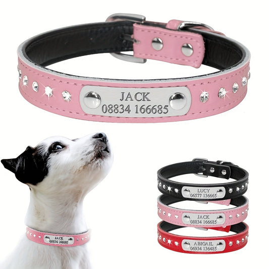 Custom leather pet collar with nameplate, adjustable for small dogs and kittens, free engraving, durable.