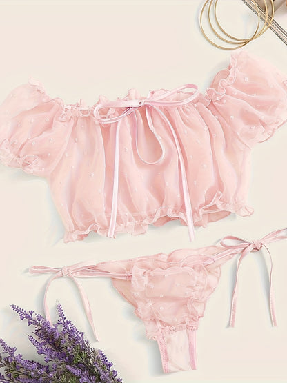 Seductive lingerie set with one-shoulder design, wave stitching, and tie belt pajamas.