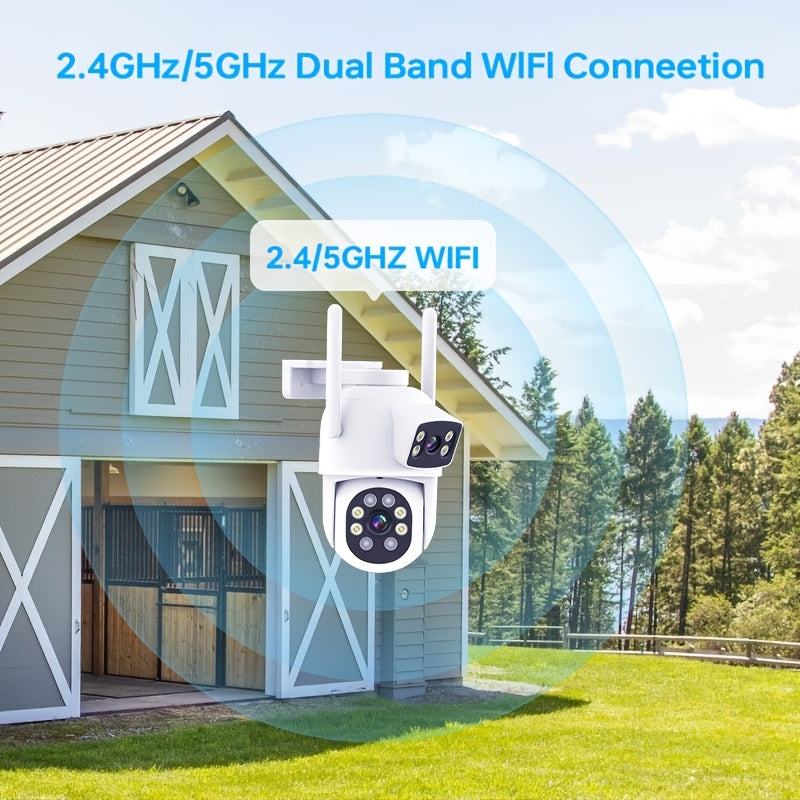 Two Smart Home Security Cameras with Dual Lens Offering 360° Pan & Tilt, Motion Detection, Two-Way Audio, Color Night Vision, Alarm Push, and IP65 Waterproof Rating. WiFi Compatible (2.4/5GHz) for Outdoor Surveillance.