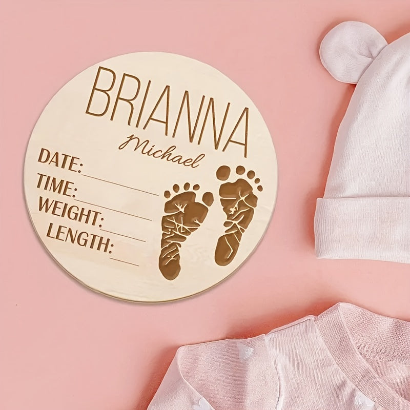 Personalized Wooden Baby Birth Announcement Sign with Custom Name and Footprint Design - Round Keepsake with Birth Details for Photo Props and Name Reveal - Suitable for Infants and Toddlers