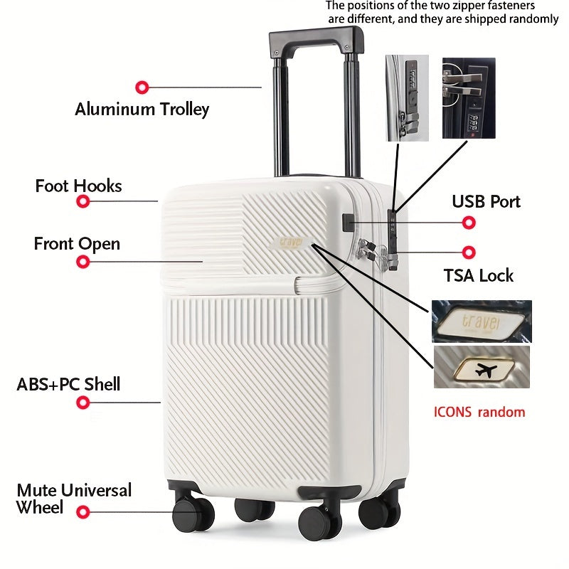 20" front pocket carry-on luggage with TSA lock, USB charging port, and spinner wheels.