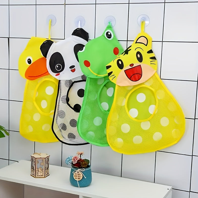 Large capacity mesh storage bag featuring cartoon animal designs, including a duck, frog, tiger, and panda. Comes in a 1-piece set with suction cups for hanging. Can be used for storing toys or other items. Measures 39.98 * 31.98 cm.