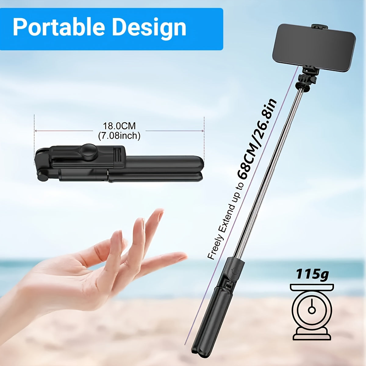 Telescoping selfie stick with tripod and remote for iPhone, Samsung, and Android smartphones, 360° rotation.