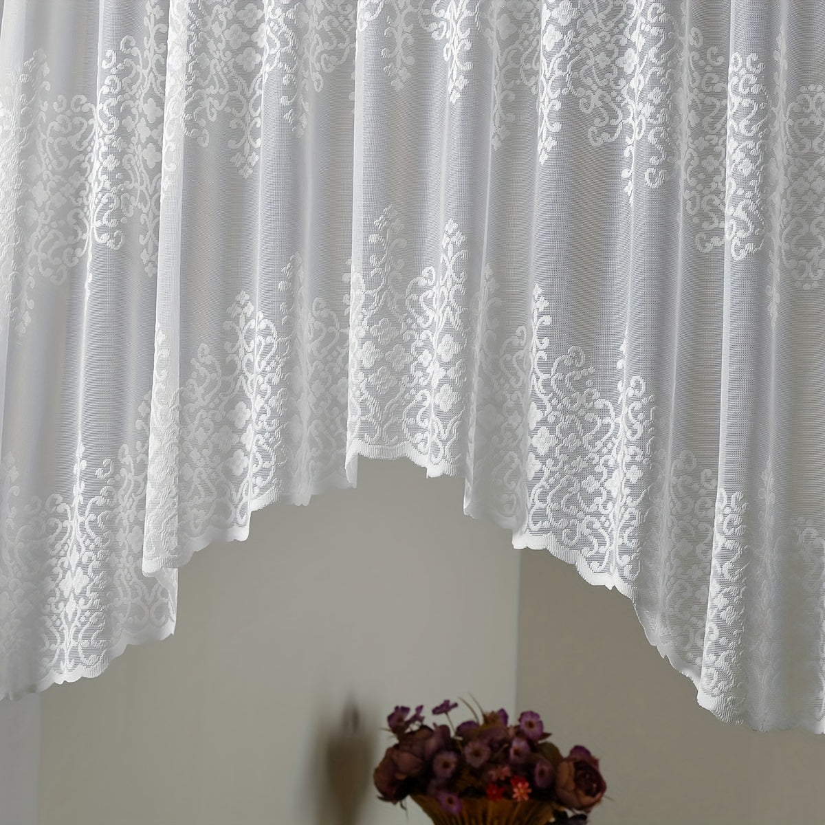 White lace cafe style curtains with geometric wavy pattern; suitable for living room, bedroom, kitchen, and home decor; comes in a set of 1 piece.