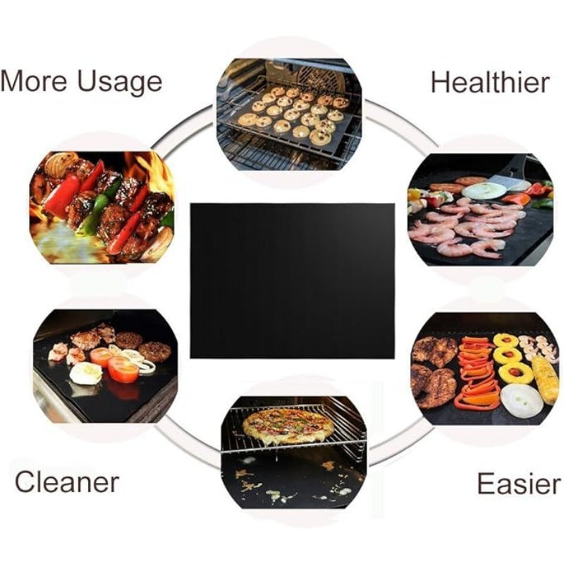 Set of two fiberglass grill mats that are non-stick, reusable, and easy to clean. Suitable for use with gas, charcoal, and electric grills. Includes one mat measuring 40.01x33.02cm and one mat measuring 40.01x59.94cm. Color: Black.