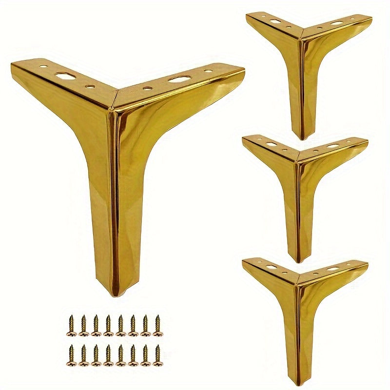 Four pieces of modern style furniture legs made of metal, available in luxury golden triangle design in black, golden, and silvery colors. Suitable for tables, cabinets, boards, sofas, and chairs. Comes in four specifications: 10cm/3.9in, 13cm/5.1in