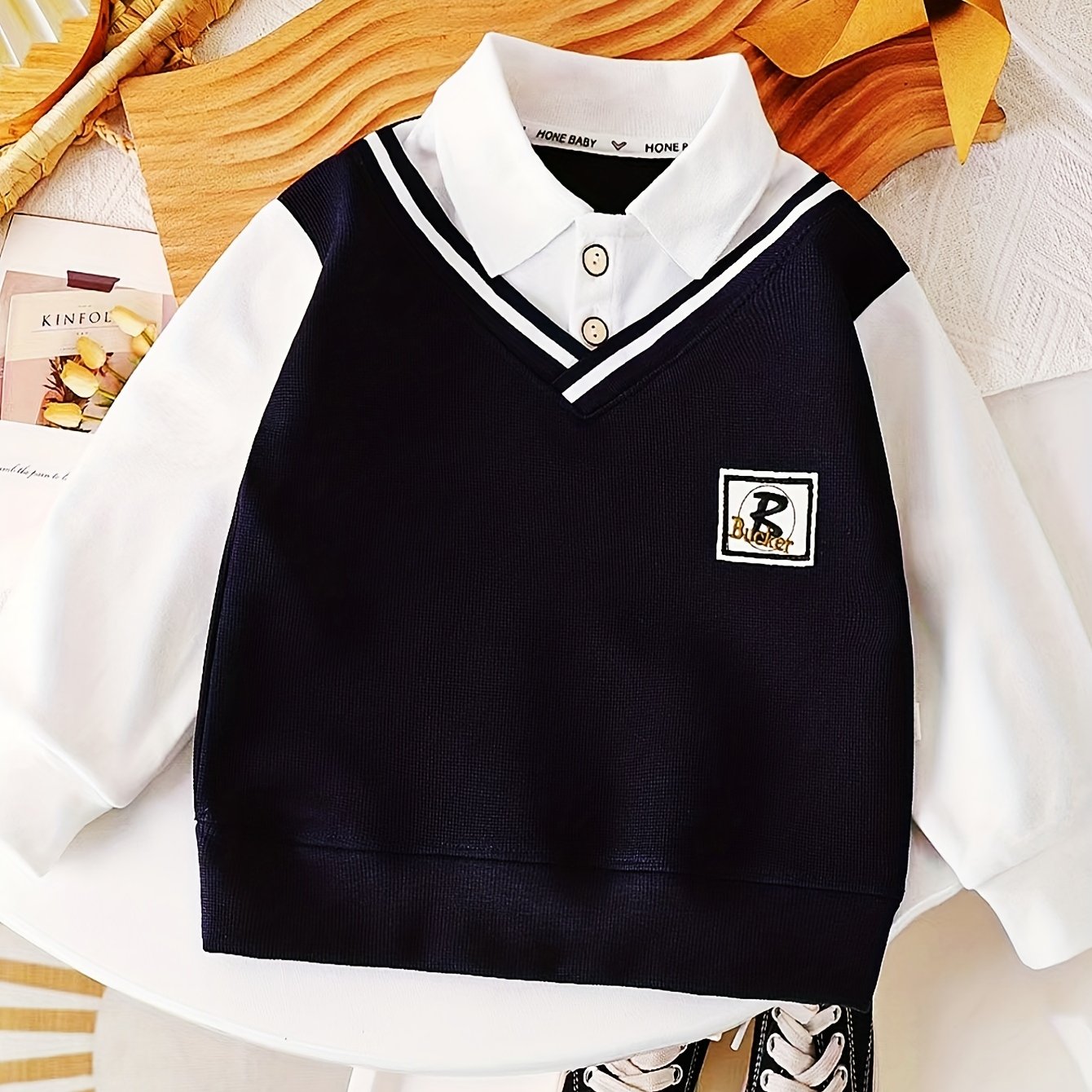 Boys' Color-Block Sweatshirt with British Preppy Style, Faux Two-Piece Design, Stretch Fabric - Hooded and Machine Washable for All Seasons, Including Autumn.