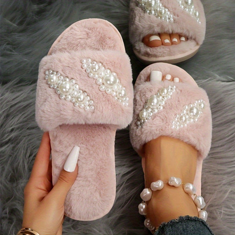 Cozy faux pearl home slippers with non-slip sole for winter