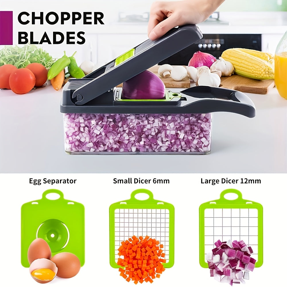 Get ready to slice, dice, and julienne your vegetables in a snap with this 16-piece multifunctional vegetable slicer and dicer! Featuring interchangeable blades for easy meal prep, this set includes a slicer with 8 blades and a convenient container for