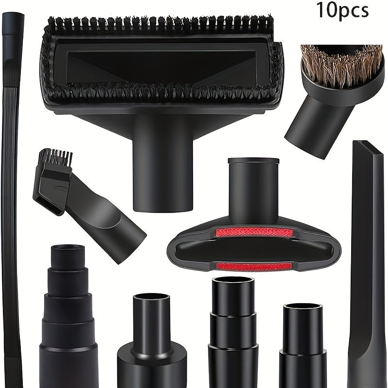 10-piece vacuum cleaner accessory kit includes plastic hose adapter set with horsehair brush, flexible gap tool, suitable for dry and wet use, no electricity needed.