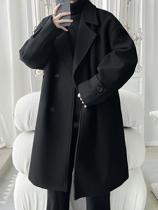 Men's Elegant Double-Breasted Overcoat - Casual Long Coat for Fall & Winter with Solid Color and Open Collar.