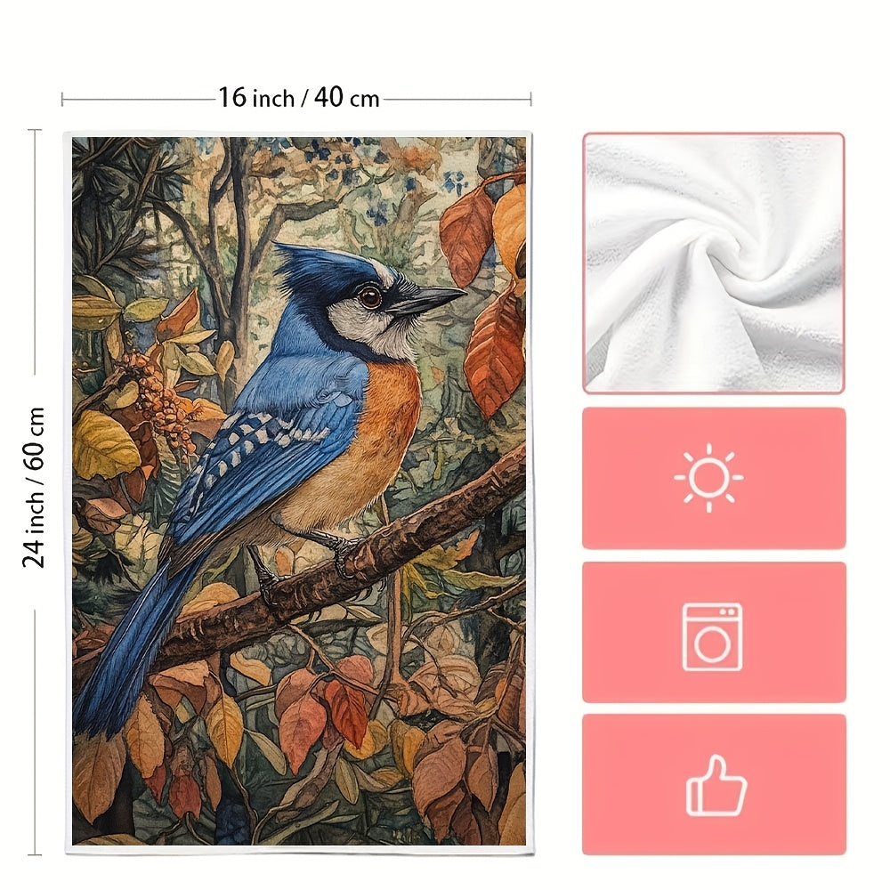 Set of 2 Coastal Style Kitchen Towels featuring a Super Absorbent Polyester Knit Fabric. Easy to clean with a machine washable design. These Contemporary Oblong Hand Towels showcase a Blue Jay Design, measuring 40.64x60.96 cm. Perfect for use as Dish