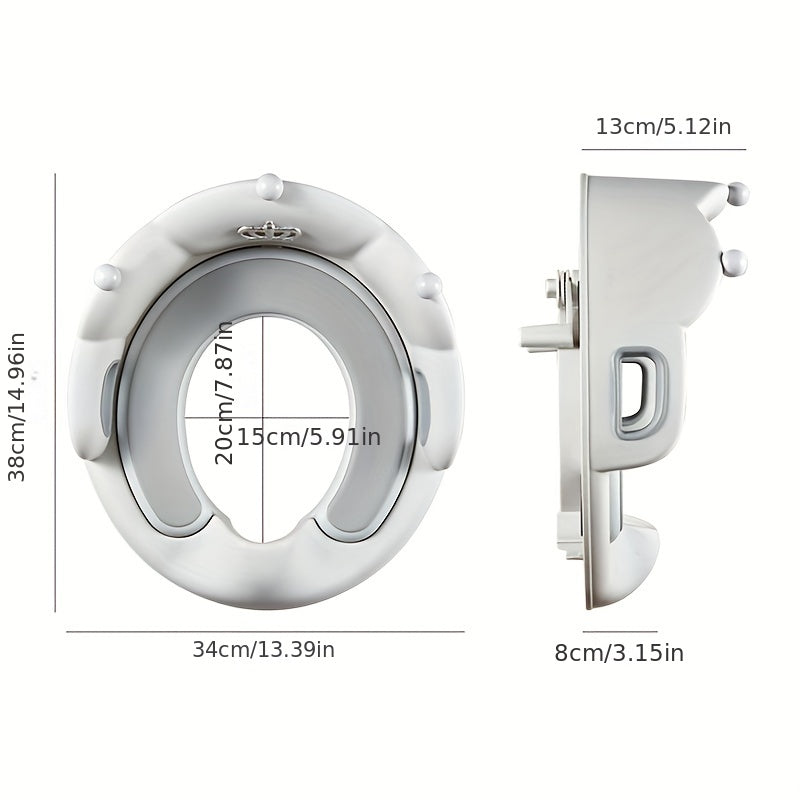 Portable potty training toilet seat for children with crown design, sturdy white base, and comfortable padding. Ideal for helping boys and girls learn independence. A must-have home essential and tool for independence learning.