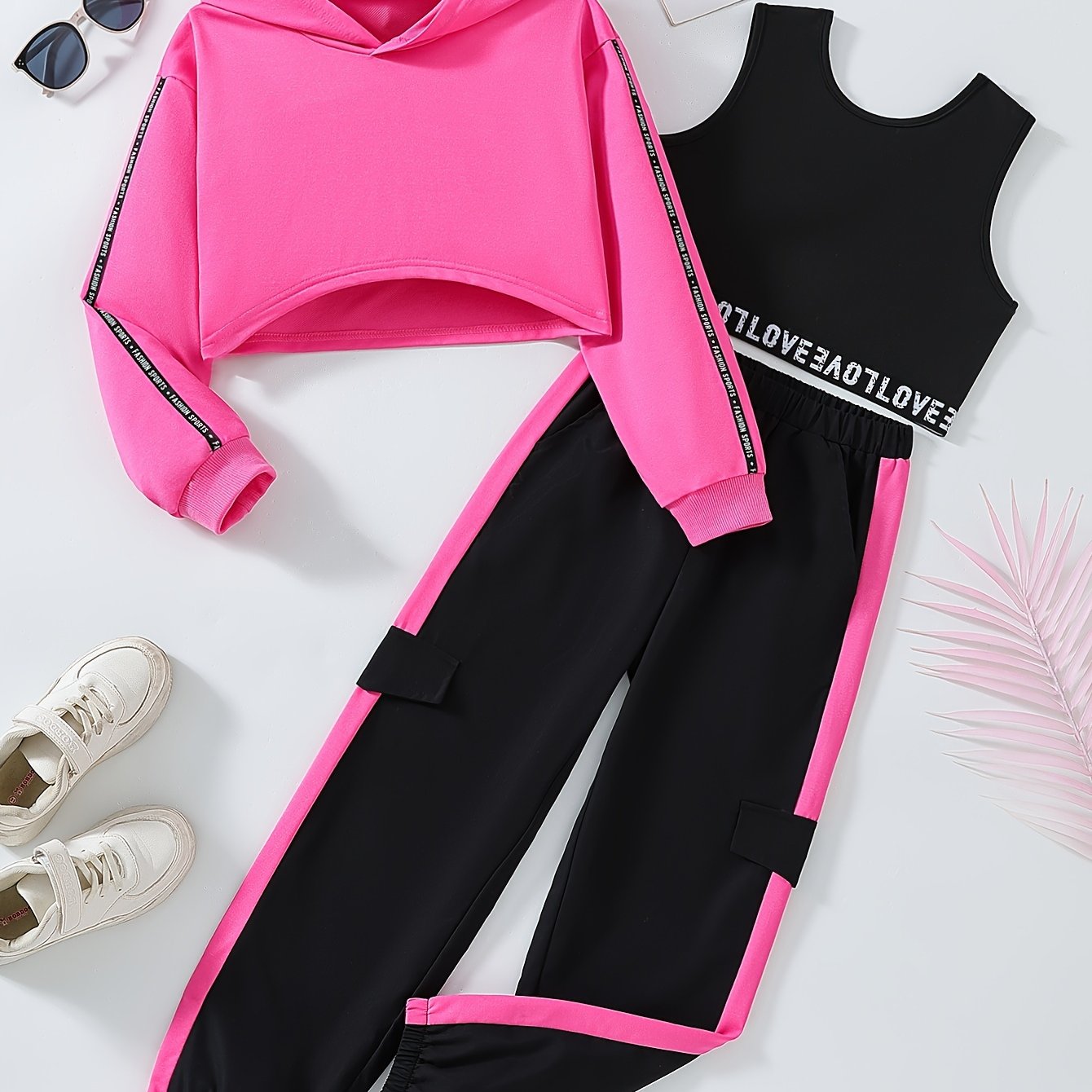 3-piece sporty co-ords set for active girls, includes crop hoodie, tank top with letter tape, and sweatpants, perfect for casual outdoor wear or as a gift.