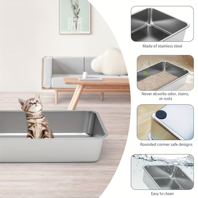 Stainless steel cat litter box with low side entry for cats & rabbits, odor-resistant and easy to clean.