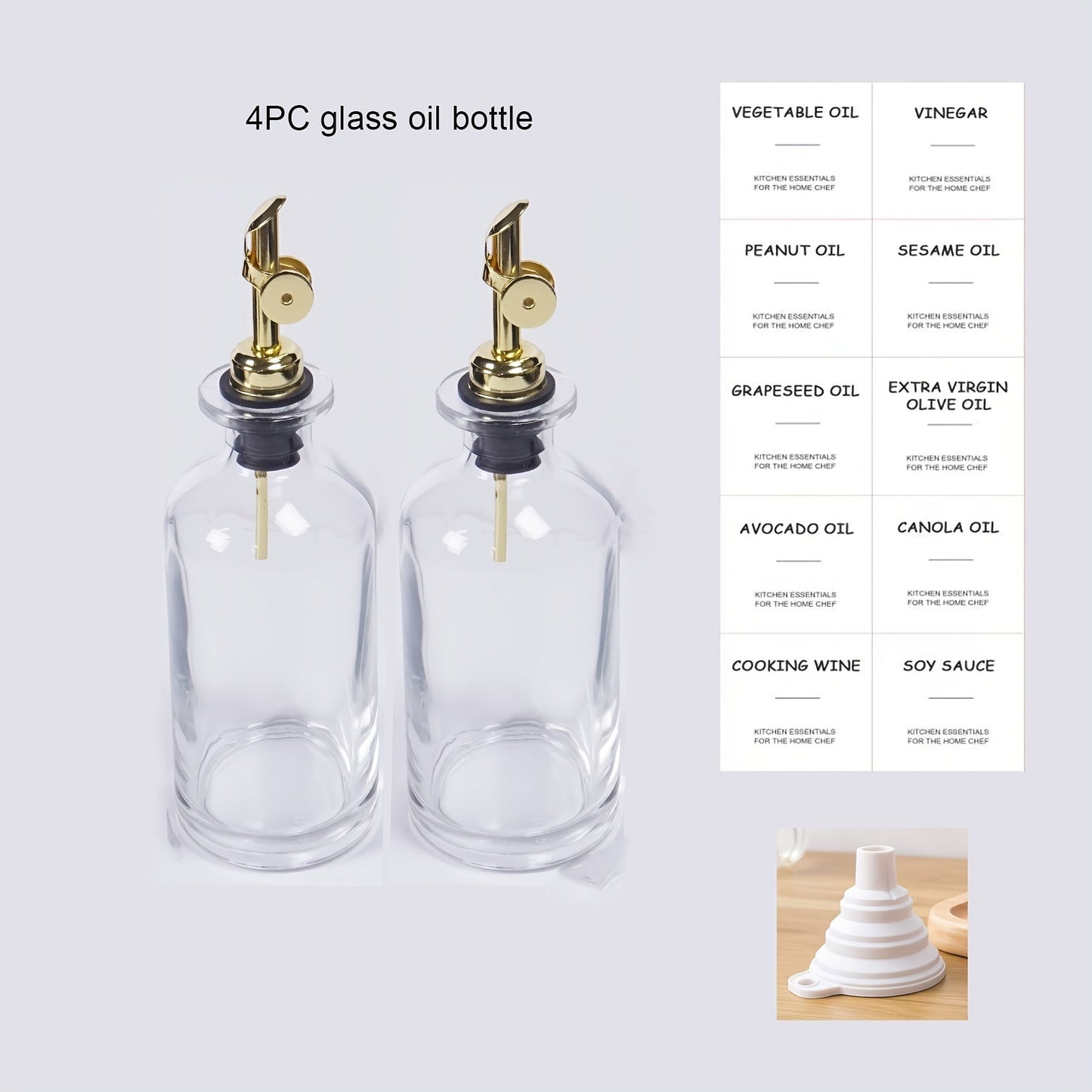 Set of 4 Automatic Opening and Closing Oil and Vinegar Containers including an Olive Oil Bottle, Zhenli Bottle, Transparent Oil Container, and Vinegar Bottle. Also includes a Seasoning Bottle for the kitchen. These leak-proof bottles are perfect for