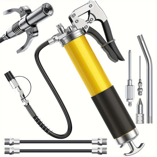 8000 PSI Pistol Grip Oil Gun Kit with 14 oz load, 45.72 cm hose, 2 connectors, 2 extension tubes, and 1 sharp nozzle.