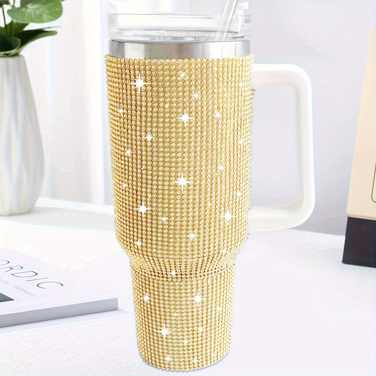 1pc Sparkling Studded Tumbler: Stainless steel, 40oz, insulated with lid and straw. Portable for car, home, office. Great for summer and travel, perfect for birthday gifts.