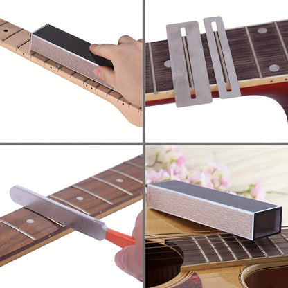 Guitar fingerboard luthier set with tools for fret leveling, crowning, fingerboard guards, and sanding papers.