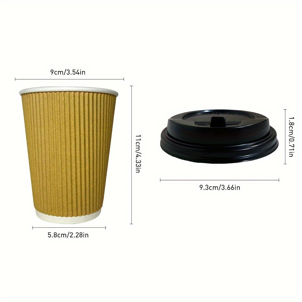 Disposable double-layer corrugated paper coffee cup with lid, 12 oz capacity and suitable for lattes, milk tea, and other hot beverages.