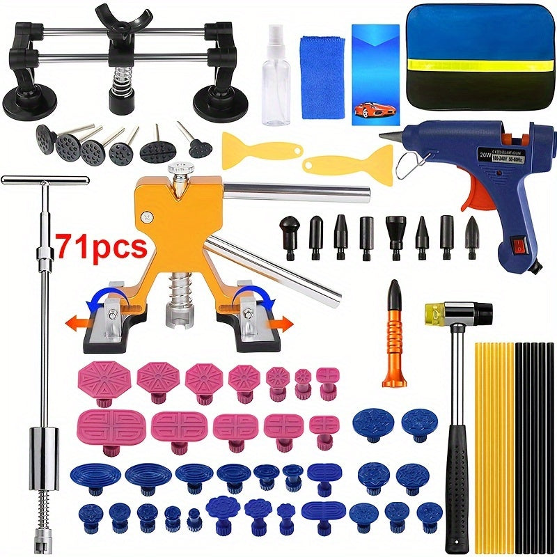 Car dent repair kit with options of 28 or 71 pieces for auto body dent removal using suction cups.