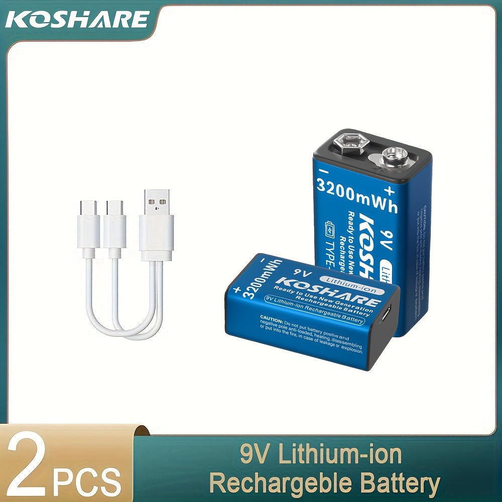 KOSHARE 9V 3200mWh Rechargeable Lithium Battery with Type-C Charging and Data Cable for Various Devices and Events