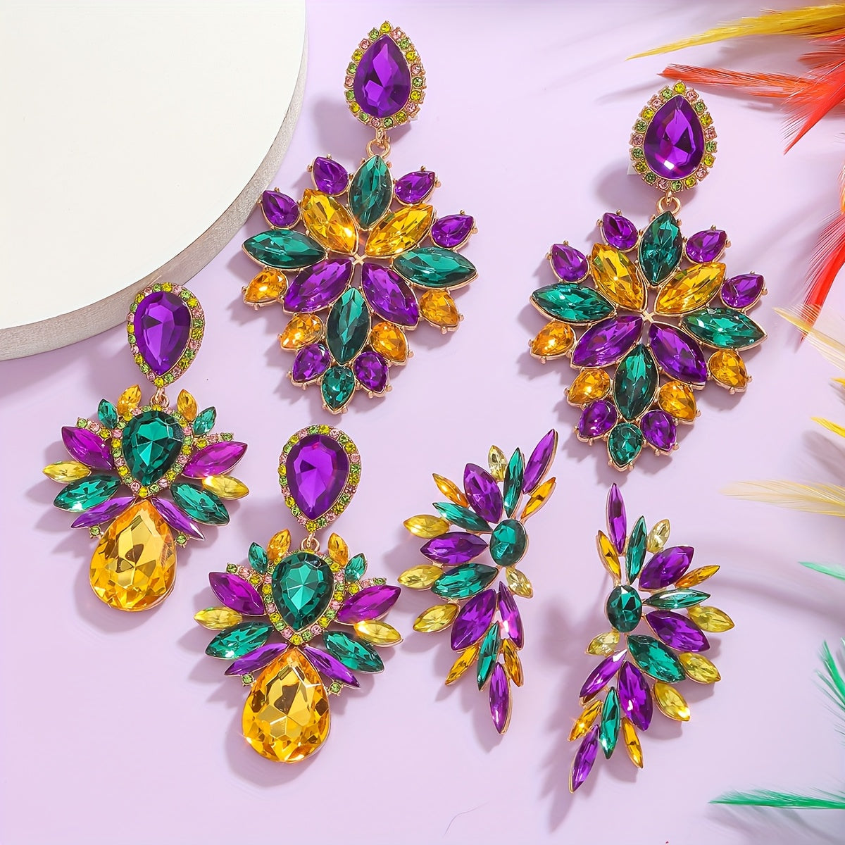 Luxurious Mardi Gras Sparkling Irregular Geometric Rhinestone Earrings in Pair, Bohemian Dangle Earrings in Purple, Green, and Yellow, Made with Zinc Alloy and Stainless Steel Posts, Ideal Holiday Gift for Women.