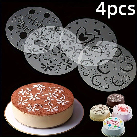 Cake Decoration Mold Set includes 4 pieces of plastic templates for spray cake designs. Perfect for decorating cakes, biscuits, sugar cubes, desserts, and more. A versatile baking tool and kitchen accessory.