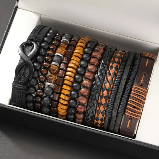 [Best Seller] 12-Piece Vintage-Inspired Bracelet Set featuring Woven Faux Leather, Tiger Eye Beads, and Moonstone Inlay - Stylish Multi-Layer Accessories for Men, Perfect for Casual or Formal Wear - Box Sold Separately