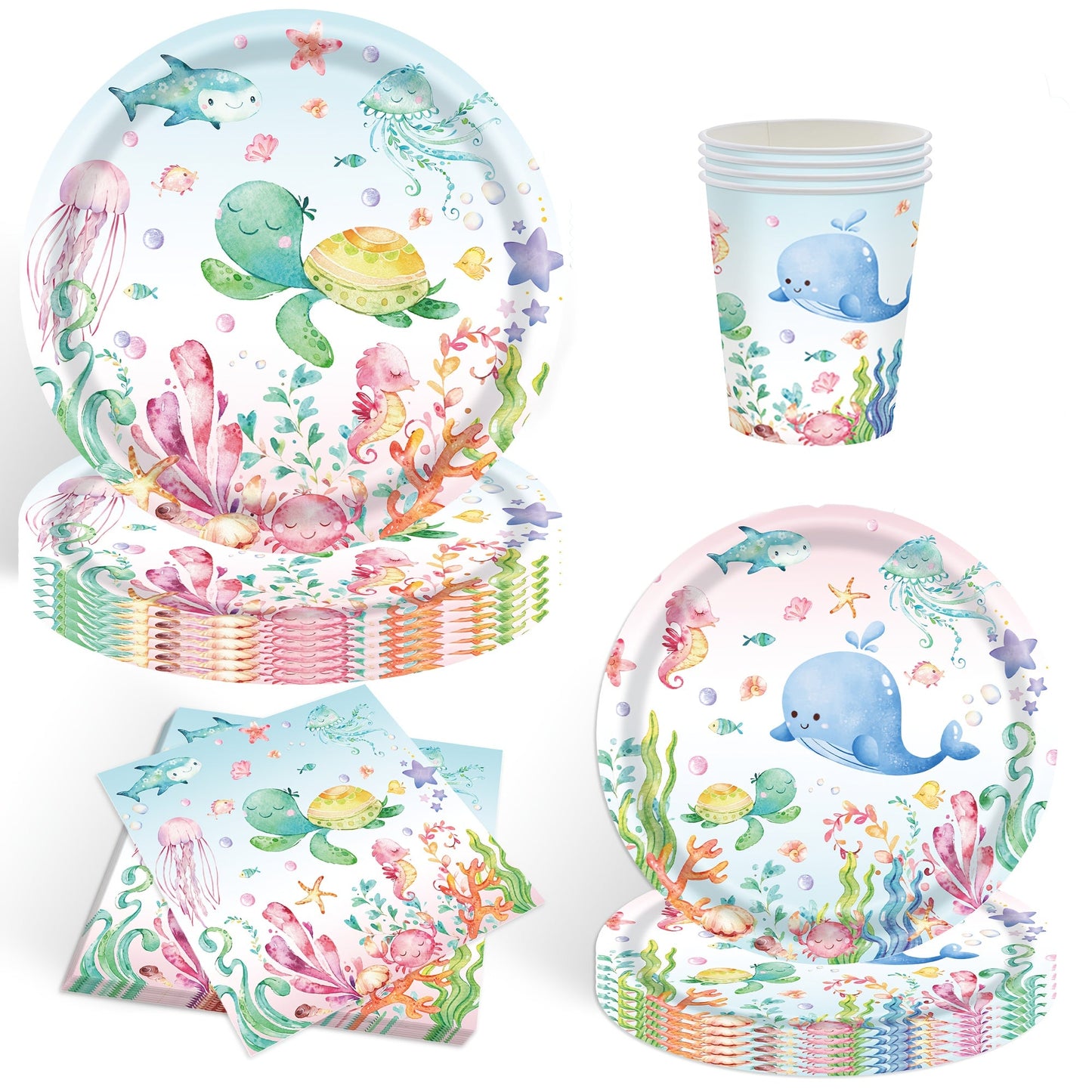 Celebrate with an "Under the Sea" Birthday Party Set - Includes 80 Ocean Theme Disposable Paper Plates, Cups, and Napkins featuring Vibrant Marine Animals - Ideal for Kids' Birthdays and Themed Parties, complete with Under The Sea Party Decorations.