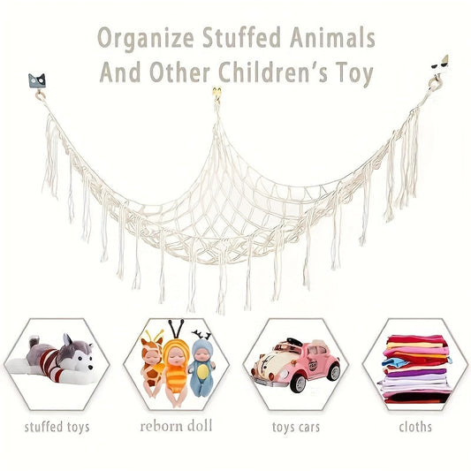 Boho Stuffed Animals Net or Hammock: Storage Corner Hanging Holder for Plush Toys, Mesh Hammock Organizer with Tassel & Hooks, Perfect for Bedroom Decor and Holiday Gifting.