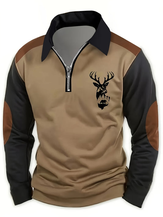 Men's Deer Print Golf Shirt - Long Sleeve Half-Zip Collared Outdoor Shirt in Black/Brown colors. Made of polyester and machine washable. Ideal for Fall/Winter leisure activities. Great gift