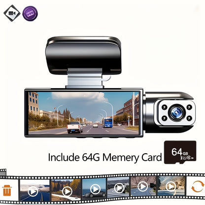 OUYAAQII 1080P Dual Lens Car Dash Cam with Gravity Sensor, Auto Loop Recording, 64GB Memory, 12-Hour Battery Life, Aluminum Cooling Case, Front & Interior Video Capture, Easy Adhesive Mount.