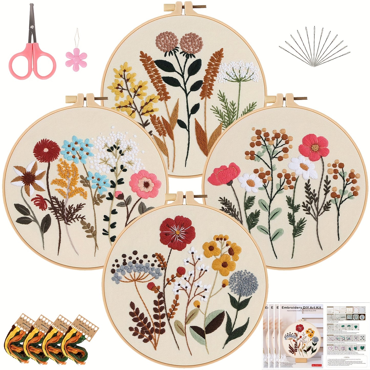 4-piece embroidery kit with floral pattern, hoops, floss threads, and needles, along with a 3-pack cross stitch kit for beginners.