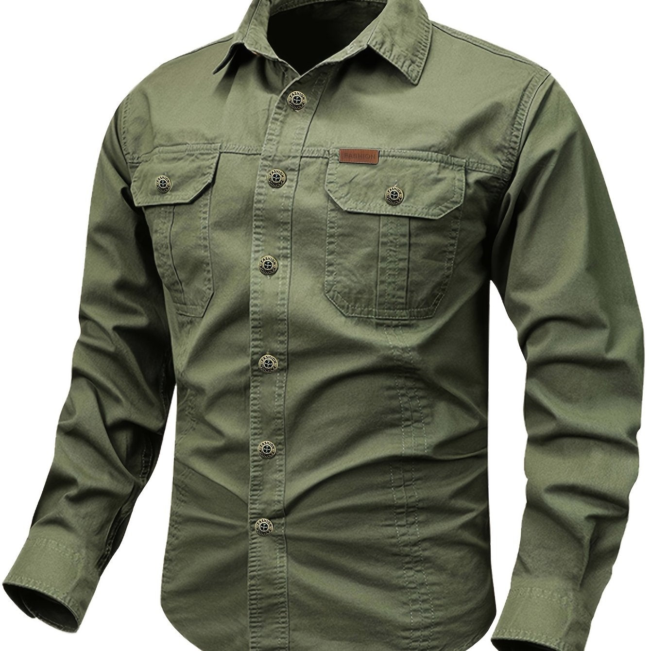 Men's Military Green Long-Sleeve Button-Up Collared Shirt with Cargo Pockets, Solid Color Retro Style, Elastic Casual Camping Outdoor Activity Shirt, Workwear, Pocket Shirt --> Men's