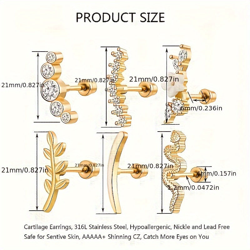 Fashionable women's piercing jewelry featuring 6 hypoallergenic spiral cartilage earrings made of 316L stainless steel, adorned with square crystal zirconia.