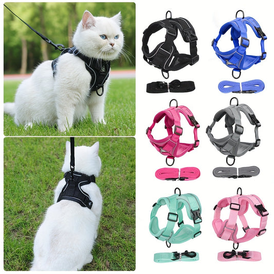 Reflective, breathable vest-style cat harness set with walking rope for outdoor walks and training.