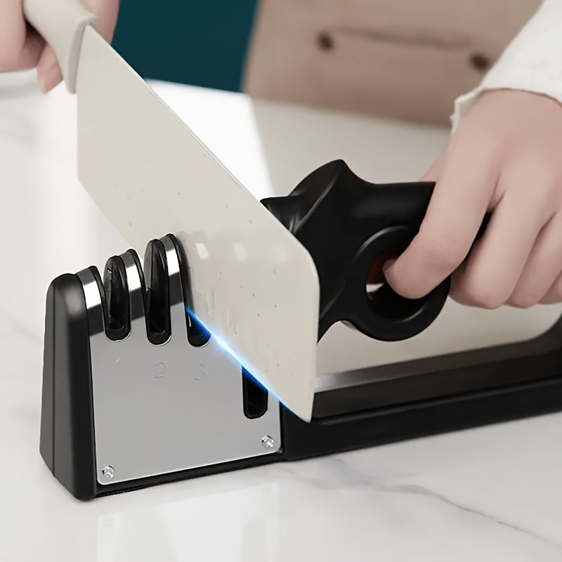 This durable plastic Multi-Stage Sharpener is a 4-Level Manual Knife and Scissor Sharpener that does not require electricity. It is a reusable and multifunctional sharpening tool ideal for use in commercial settings, homes, schools, and RVs.