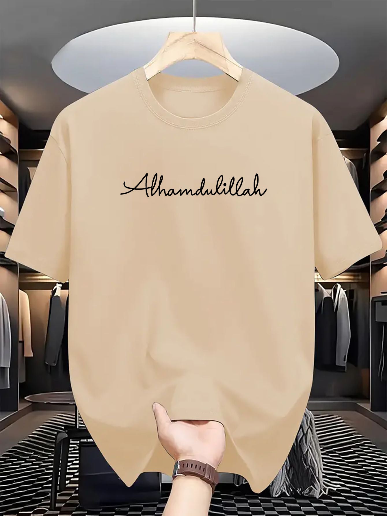 1 Alhamdulillah Casual Comfort T-Shirt made of Polyester with Round Neck and Letter Print, Stretch Fabric, Unisex, Suitable for All Seasons, Perfect for Outdoor Activities and Everyday