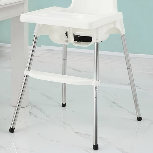 This footrest for high chairs is adjustable and features non-slip lightweight plastic. It is designed to be compatible with high chair accessories and includes stabilizing rubber rings. No assembly is required.