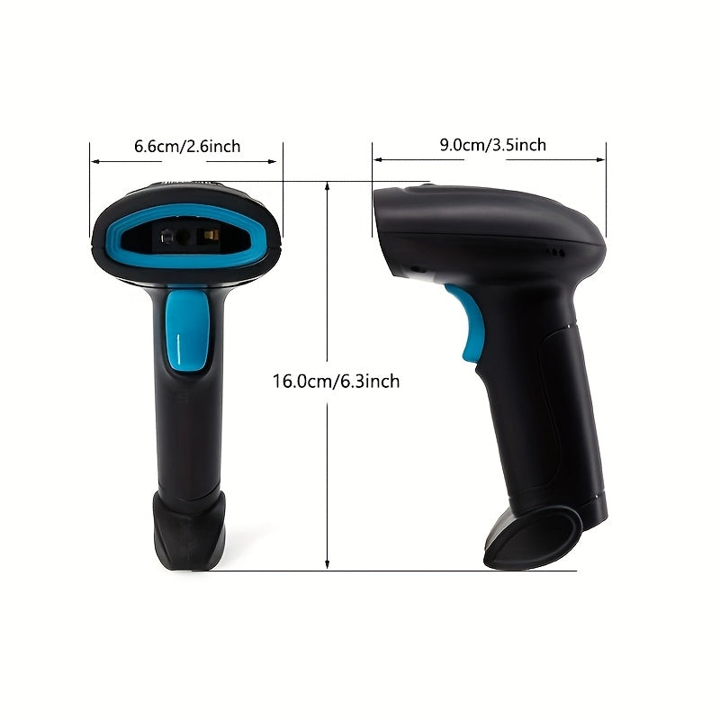 Handheld 2D barcode scanner with USB wired and wireless connection, ideal for retail, warehouse, and mobile payments. Features high-performance CMOS sensor, portable and rechargeable