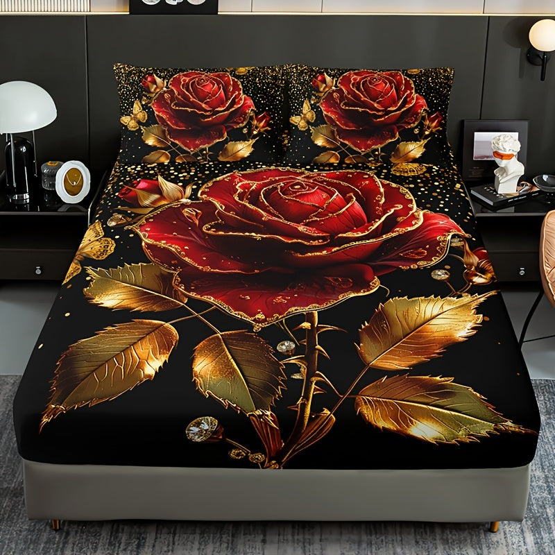 3pcs Golden Rose Floral Digital Print Bedding Set made of 100% polyester. Includes fitted sheet and pillowcases with deep pockets. Machine washable.