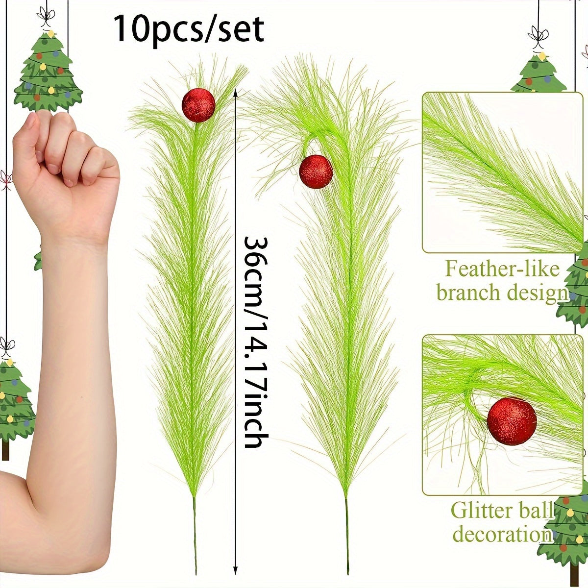 10pc St. Patrick's Green Christmas Decoration Set with artificial Pamiana branches for home and office festive crafts and tree decorations.