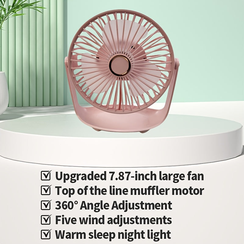 Introducing the JKUOO 2025 Upgraded Mini Portable Table Fan. This fan features 5 adjustable speeds and a convenient night light that can be adjusted to your liking. The durable motor ensures quiet operation while the USB rechargeable 1200mAh lithium