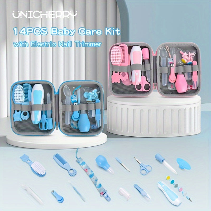 UNICHERRY 14-piece Kids Care Set: Compact Grooming & Safety Kit including Nail Clippers, Nasal Aspirator & Tongue Cleaner - Pink/Blue Silicone Essentials for Kids