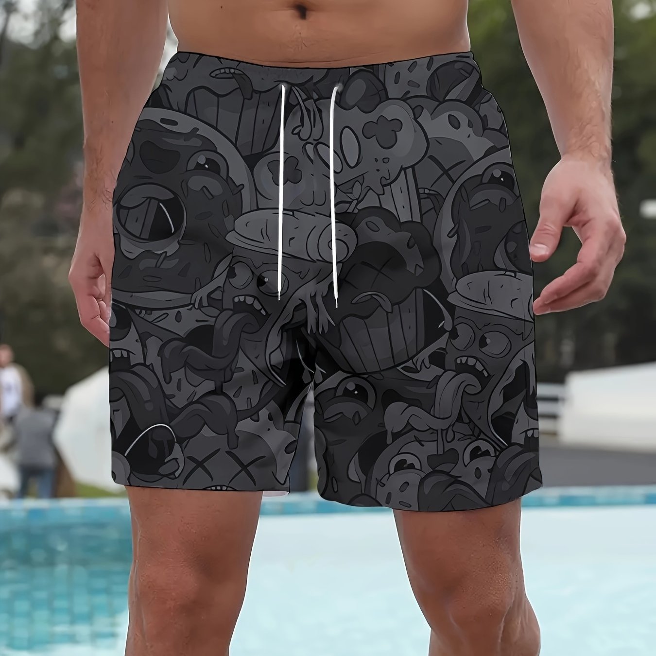 Men's plus size summer beach shorts made of polyester and spandex with a slight stretch, regular fit with pockets, sports style print, 150g/m².