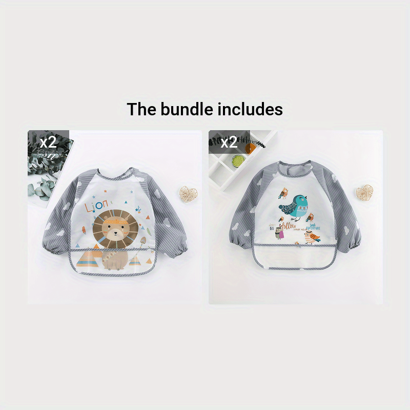 Waterproof Long-Sleeve Feeding Bib for Kids - Grey, Made of Polyester Fiber